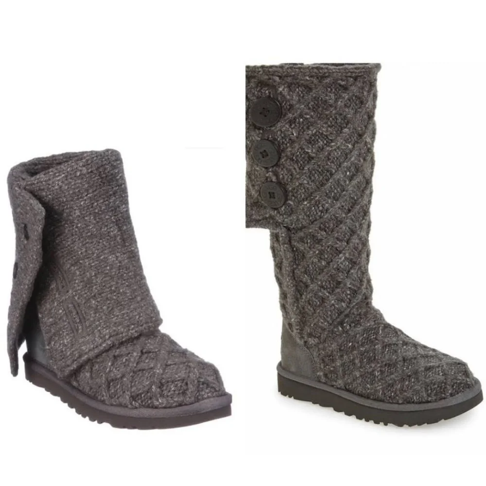 Women's UGG Gray Knit Cable Button Winter Boots Size 6